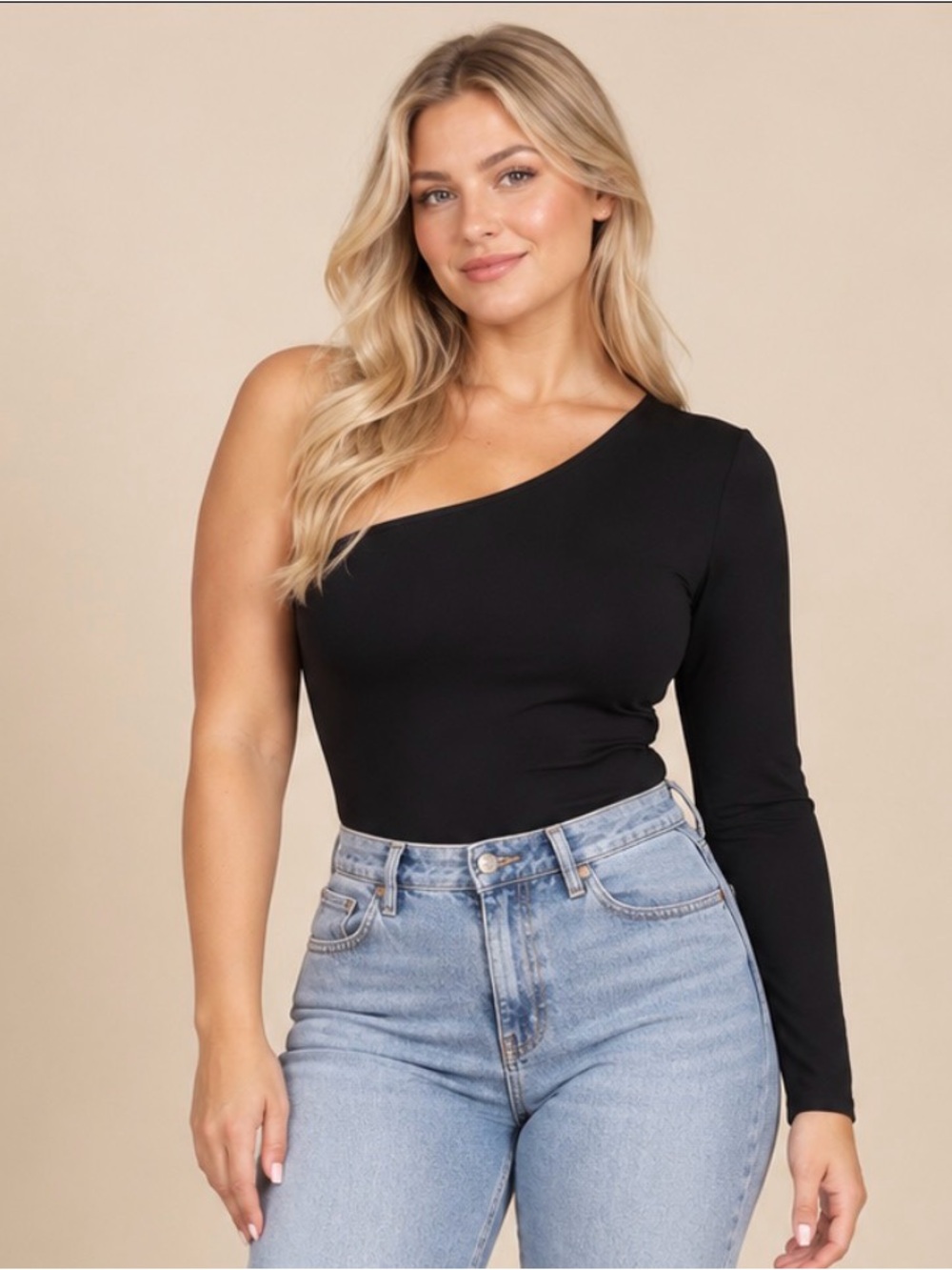 Asymmetric One-Shoulder Black Long Sleeve Top